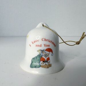 Vintage Russ Porcelain Christmas Bell‎ Ornament I Love Christmas and You w/Bear